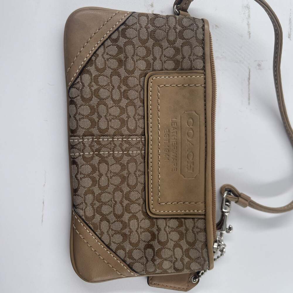 Coach Wallet Tan Signature Jacquard Canvas Leather Trim Wristlet